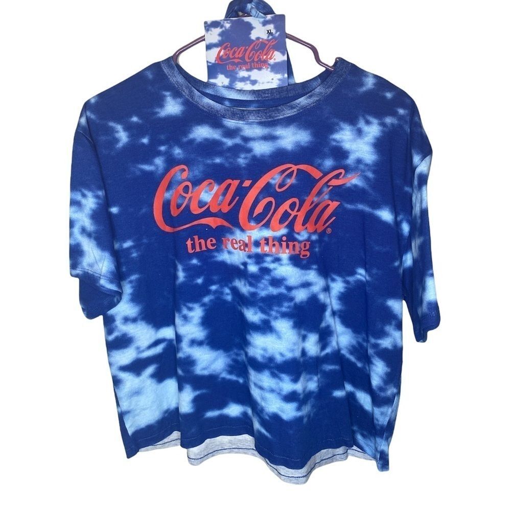 Coca Cola Women’s Crop Top T-shirt Red. Blue Tie Dye Oversized Size XL w/ Bandn.